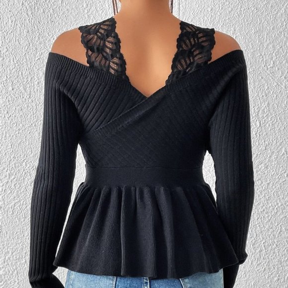 Black Womens Cold Shoulder Sweater - Picture 2 of 4